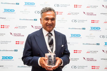 Dr Chai Patel CBE FRCP, Founder and retiring Chairman of HC-One, received the Lifetime Achievement Award at the Knight Frank Healthcare & Senior Living Dinner 2019.
